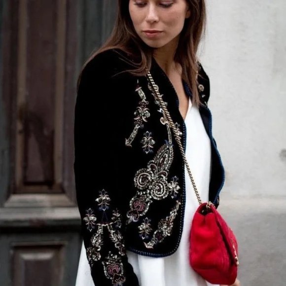 ZARA Premium Velvet Embellished Bolero Jacket Sz M Black Rare Blogger Fav - Picture 3 of 10